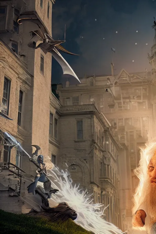 Prompt: gandalf attacks the white house, cybertronian, long shot, cinematography by wes anderson, 4 k octane render, intricate detail, photorealistic, cinematic lighting, artstation