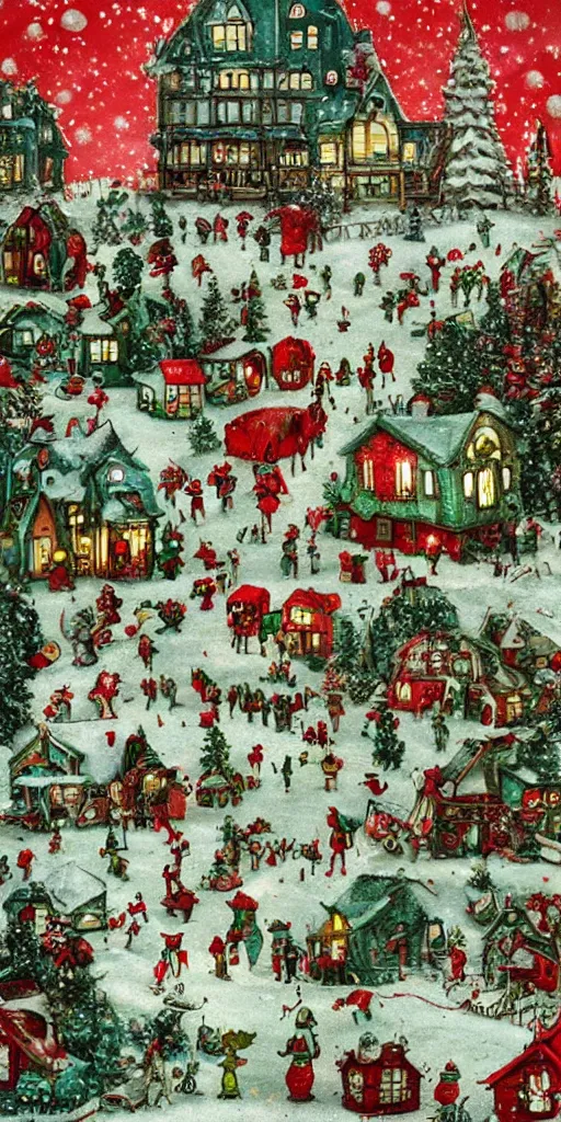 Prompt: a vintage christmas scene by alexander jansson and where's waldo