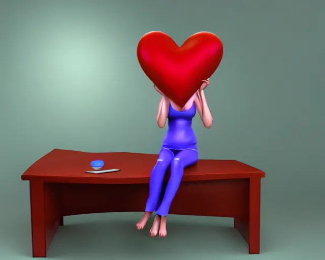 Image similar to a woman sitting on a desk with a heart shaped object in her lap, computer graphics by Minerva J. Chapman, polycount, net art, daz3d, 3d, rendered in maya