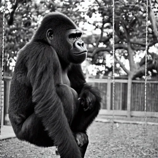 Image similar to polaroid photo of gorilla sitting on swing in playground, black and white,