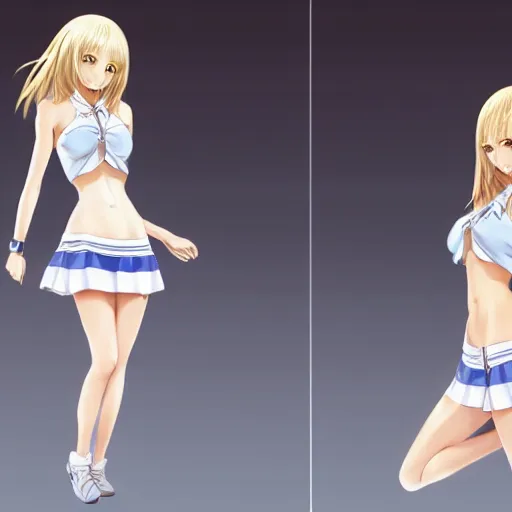 Prompt: full body shot : a very beautiful young blond basketball anime girl, sky blue eyes, bikini, white miniskirt, highly detailed, cinematic wallpaper by stanley artgerm lau