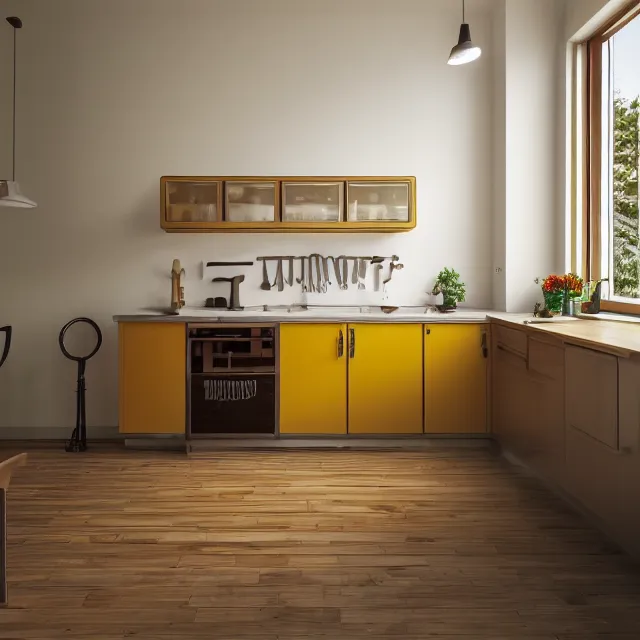 Image similar to kitchen interior in a wooden a frame cabin, yellow cabinets and white walls, red vintage fridge, large window in back, leather couch, realistic, unreal engine render, octane render, hyper realistic, photo, 8 k