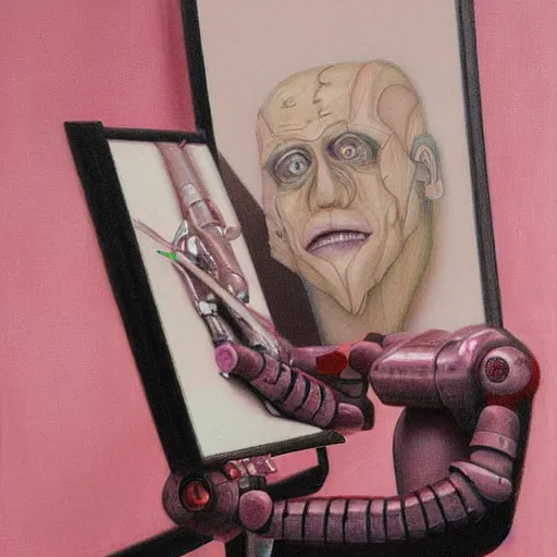 Image similar to pink robot artist artist painting a self portrait, by john howe