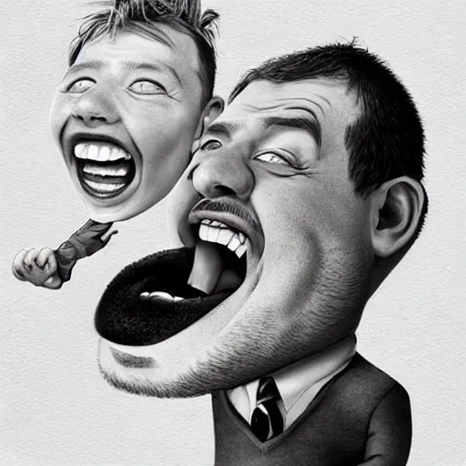 Prompt: Father yelling energetically with a big mouth at his little son who keeps his head down., caricature portrait exaggerated by Sebastian Krüger and Bruno Tesse trending on artstation, hyperdetailed, humor, perfect composition