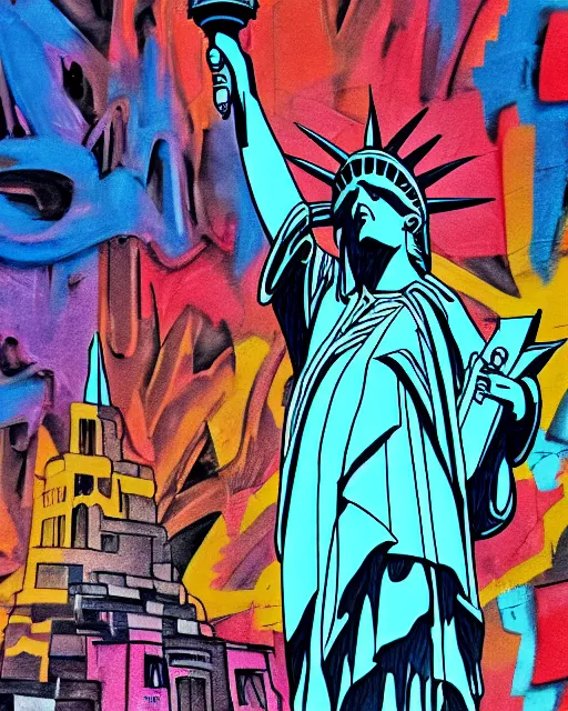 Prompt: manga color drawing of the statue of liberty painted with graffitis, by Katshuiro Otomo, epic photography, dystopin future , 8k