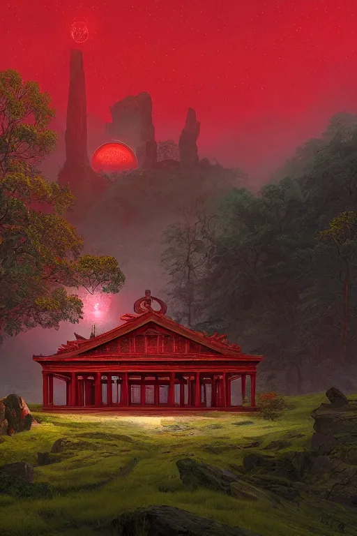 Image similar to red ancient temple, green hills, star trails, dramatic lighting, artstation, matte painting, caspar david friedrich, simon stalenhag