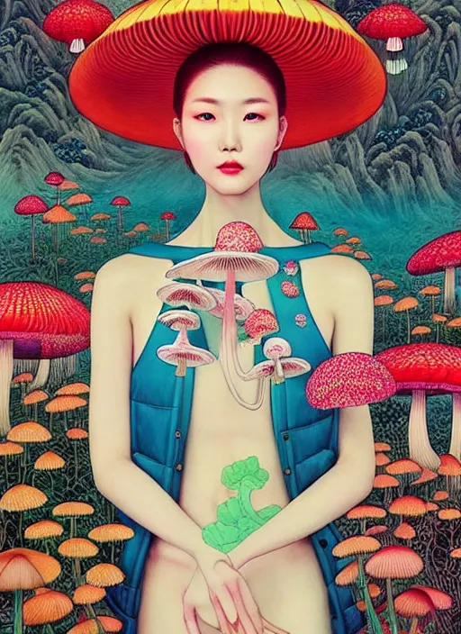 Image similar to pretty chinese model with hallucination mushroom : : by martine johanna and simon stalenhag and chie yoshii and casey weldon and wlop : : ornate, dynamic, particulate, rich colors, intricate, elegant, highly detailed, vogue, harper's bazaar art, fashion magazine, smooth, sharp focus,