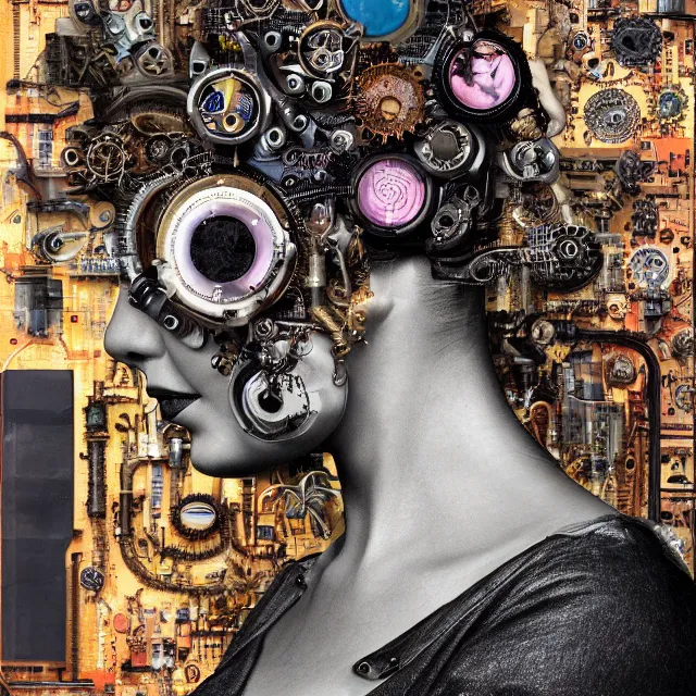 Image similar to profile portrait of a woman, computer parts, mechanical parts, by giuseppe arcimboldo, steampunk, cyberpunk, futuristic, psychedelic, surreal, sci - fi, vaporwave, alien, dreamlike.