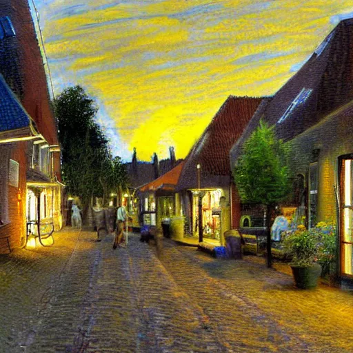 Image similar to a warm summer night in the village center of a small hovel in the netherlands, 2 0 0 8, detailed, wideshot, photorealistic, blue - yellow sky