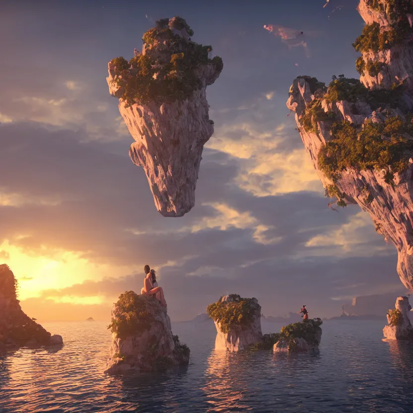 Prompt: unreal engine render, floating islands with beautiful women in foreground, cinematic, sunset, fantasy, 8 k, trending on artstation