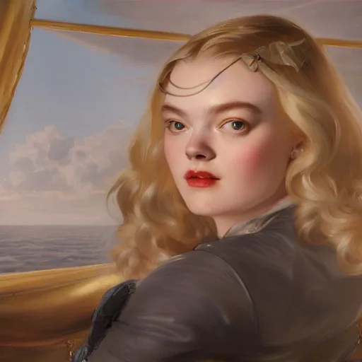 Prompt: leyendecker and peter paul rubens, head and shoulders portrait of a elle fanning, nighttime, on a boat, unreal engine, fantasy art by global illumination, radiant light, detailed and intricate environment