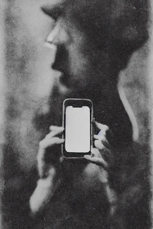 Prompt: 1 9 0 0 s photo of a person taking a selfie with an iphone photo grain double exposure masterpiece