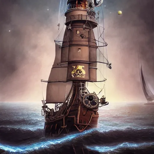 Image similar to pirates sailing the lighthouse in the middle of the galaxy , wide angle shot, diffuse lighting, fantasy, intricate, elegant, highly detailed, lifelike, photorealistic, digital painting, illustration, concept art, smooth, sharp focus, A24!film cinematography