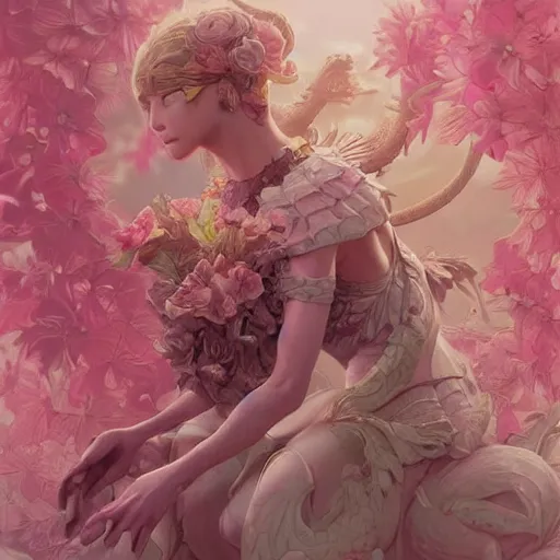 Image similar to pink flower dragon uwu, intricate, highly detailed, digital painting, artstation, concept art, smooth, sharp focus, illustration, Unreal Engine 5, 8K, art by artgerm and greg rutkowski and alphonse mucha