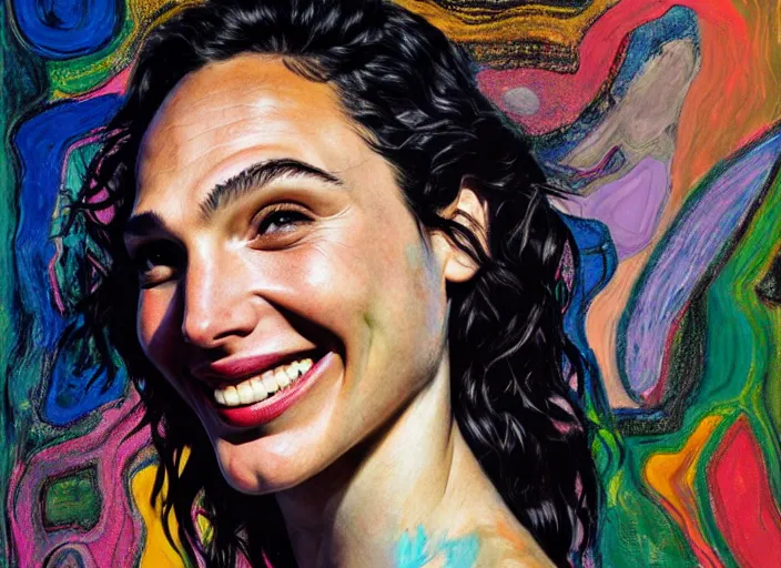 Prompt: portrait of gal gadot laughing, by vincent lefevre and hernan bas and pat steir and hilma af klint, psychological, photorealistic, dripping paint, washy brush, rendered in octane, altermodern, masterpiece