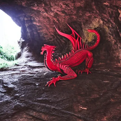 Image similar to photo of an ancient red dragon sitting menacingly in a cave