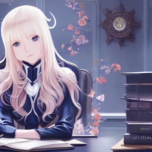 Image similar to blonde anime woman with long hair, wearing headmistress uniform, sophisticated young woman, ultraterrestrial woman, sitting in dean's office, ornate designs on desk, sharp details, subsurface scattering, intricate details, art by artgerm, greg rutkowski, hd wallpaper, 2 0 1 9 anime screenshot