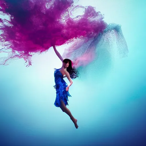 Prompt: woman dancing underwater wearing a flowing dress made of blue and magenta seaweed, delicate coral sea bottom, swirling silver fish, swirling smoke shapes, octane render, caustics lighting from above, cinematic