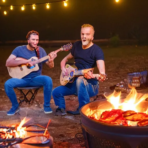 Prompt: two guys in night at the yard grilling kebabs and one guy playing guitar