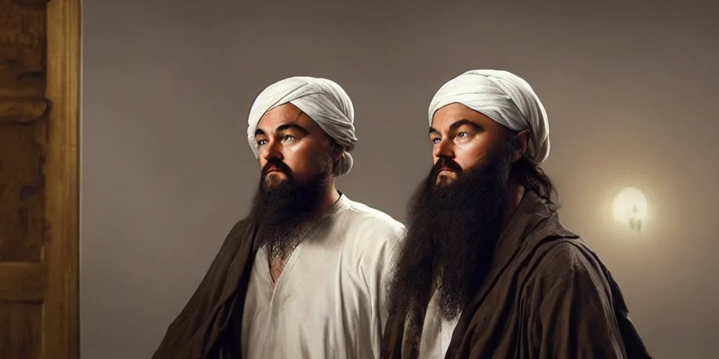 Image similar to Leonardo DiCaprio as Osama Bin Laden in 'Bin' (2024), movie still frame, oscar nominated cinematography, volumetric lighting, 8k resolution, beautiful composition