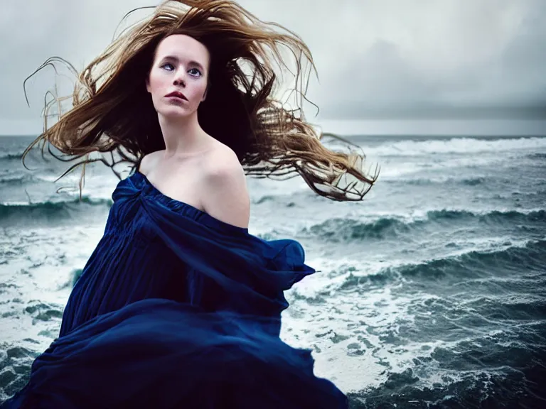 Image similar to cinestill 5 0 d half - length portrait photo portrait of a woman britt marling 3 / 4 style of nicholas fols, 1 5 0 mm, dress in voile, hair like dark clouds, hair floating on air, head in focus, mute dramatic colours, soft blur outdoor stormy sea background, volumetric lighting, hyper detailed, hyper realistic