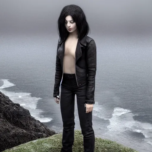 Image similar to 1 7 - year - old pale - skinned persian girl with black long bob cut, black gothic jacket, blue jeans, psychic girl, psychokinetic girl, standing on cliff along the irish coast, overcast gray skies, ultra - realistic, sharp details, subsurface scattering, intricate details, cold lighting, highly detailed, photorealistic, octane render, art by artgerm