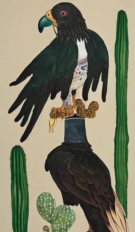 Image similar to Shen Quan's turkey vulture sitting on cactus , hanging scroll, ink and colours on silk, beautiful, muted