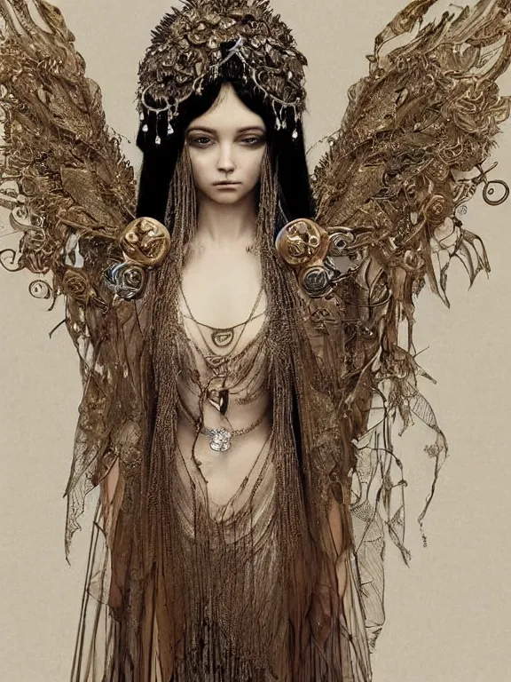 Prompt: a fashion portrait render of a fallen angel veiled with symmetry intricate detailed,dramatic headdress with intricate fractals of flowers,tassels,by Daveed Benito and Lawrence Alma-Tadema and Billelis and Enchanted doll and aaron horkey and peter gric,trending on pinterest,hyperreal,jewelry,gold,intricate,maximalist,golden ratio,cinematic lighting