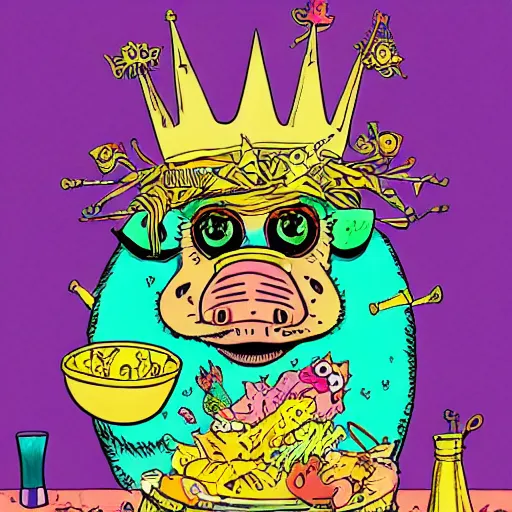 Image similar to trippy comic art of a pig wearing a gold crown eating snacks, drawn by Martin Rowson, Tim Burton, Studio Ghibli, Alex Pardee, Nekro Petros Afshar, James McDermott, colors by lisa frank, unstirred paint, vivid color, cgsociety 4K