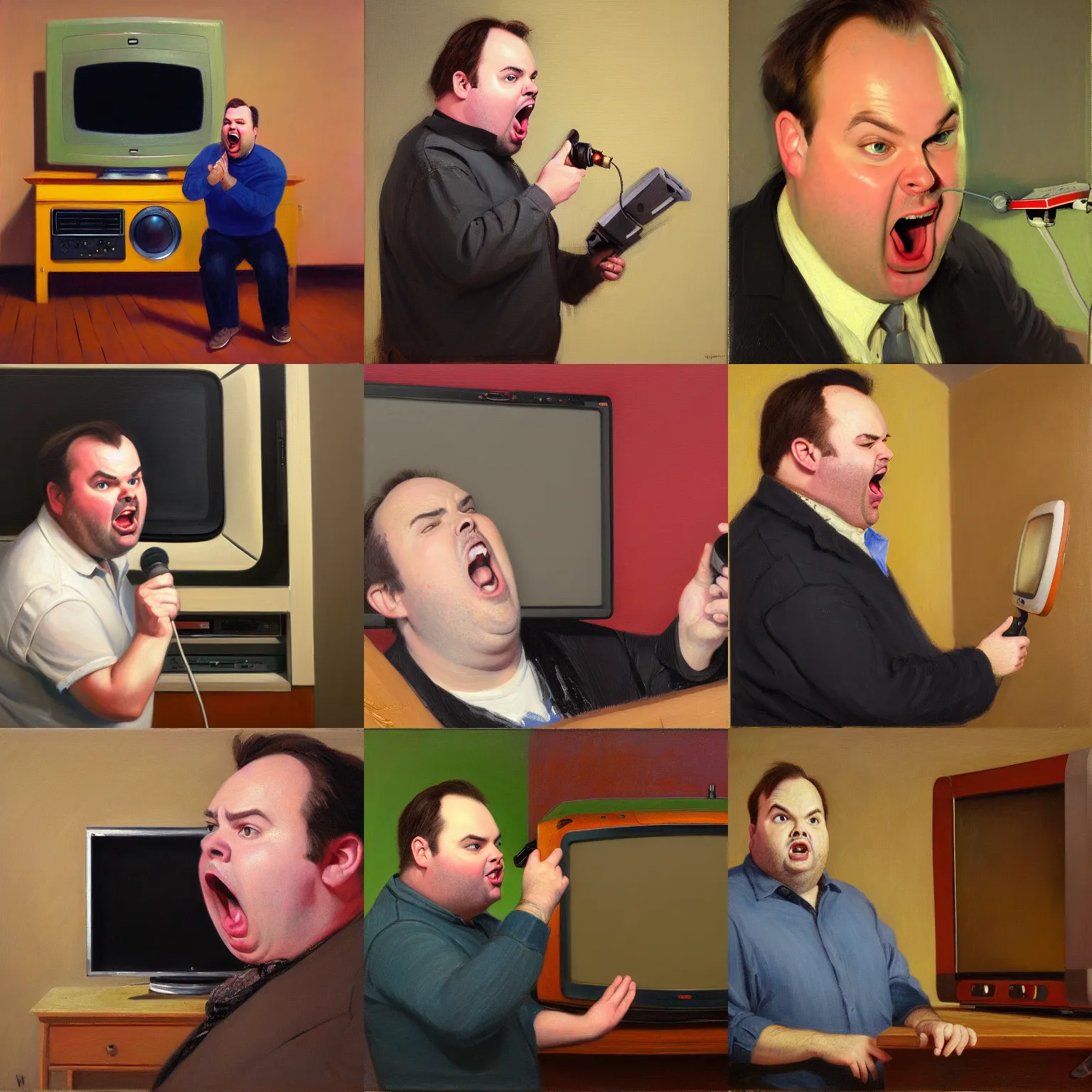 Prompt: portrait of rich evans yelling at a tv, oil on canvas by william sidney mount, trending on artstation