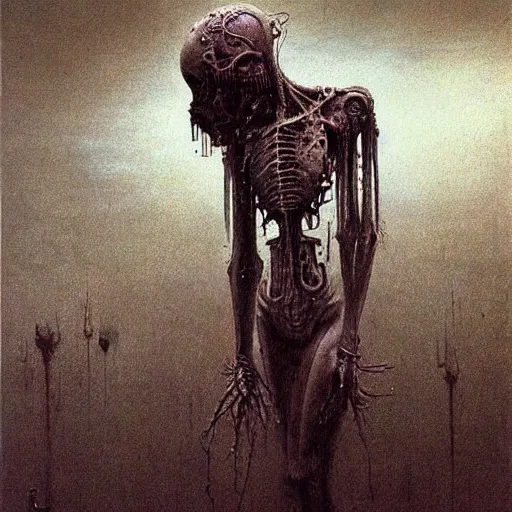 Image similar to horrific human cyborg, beksinski style painting, dark, scary, highly detailed