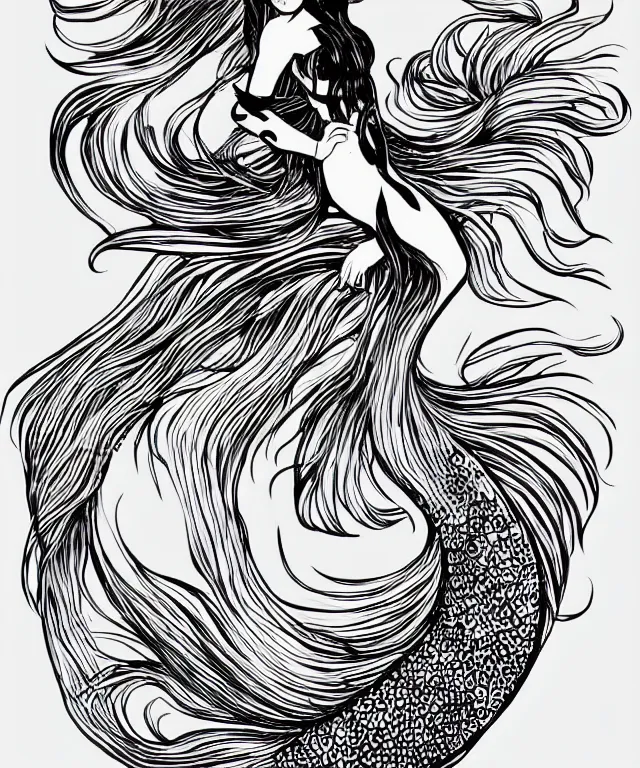 Image similar to black and white illustration, creative design, beautiful mermaid, full body, flowing hair