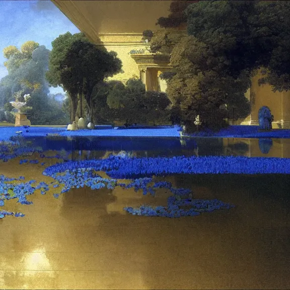 Prompt: gardens of marble draped in flowing sheets of cobalt blue gold satin, by ivan aivazovsky and syd mead and moebius and roger dean and wojciech siudmak and yoshitaka amano and pieter claesz and paul delaroche and alma tadema and aelbert cuyp and willem claesz, hyperrealistic, volumetric light, render