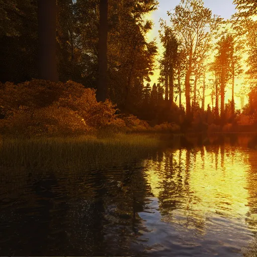 Image similar to river in a forest, golden hour, ray tracing reflection, 8k, hyper realistic, insainly detailed, hdr, octane render