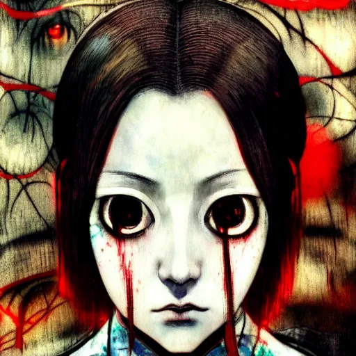 Image similar to yoshitaka amano blurred and dreamy realistic three quarter angle horror portrait of a sinister young woman with short hair, horns and red eyes wearing office suit with tie, junji ito abstract patterns in the background, satoshi kon anime, noisy film grain effect, highly detailed, renaissance oil painting, weird portrait angle, blurred lost edges