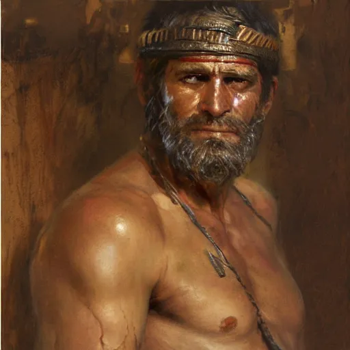 Image similar to a scrappy bronze age thief man, ancient mesopotamia, hiding, opportunistic expression, sword and sandal character portrait by gaston bussiere, craig mullins, greg rutkowski