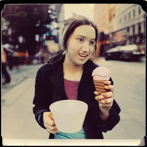 Prompt: a very beautiful picture of a young women eating ice cream in new york, polaroid, award winning photography