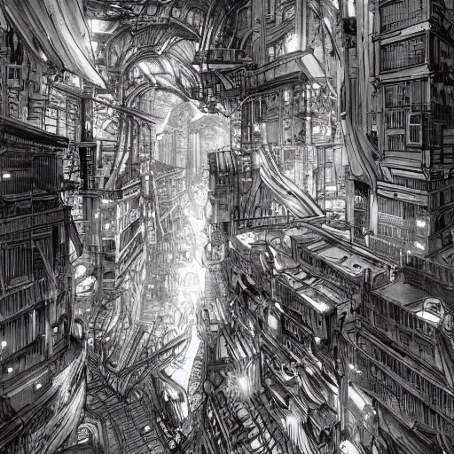 Image similar to stunning concept art for an underground city by kim Jung gi, hyper-detailed, professional illustration