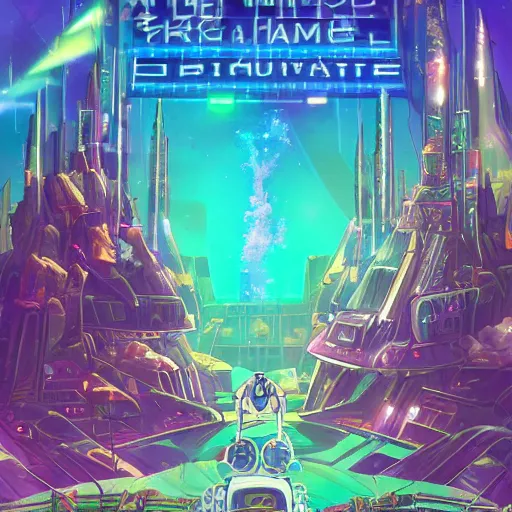 Prompt: an underwater city comprised of light built in the side of a giant robot trying to save the planet, set in the distant future, plants, light prisms, rainbow diffraction, steampunk, cyberpunk, warm lights, anime, vhs distortion, art style mimics starlight brigade by game grumps