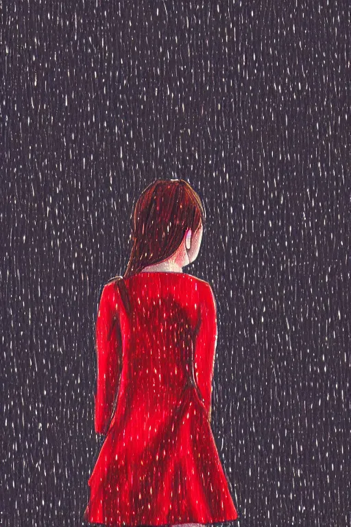 Prompt: a girl in a red dress crying in the middle of a city while its raining, digital art