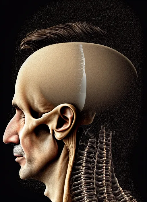 Prompt: a profile portrait of justin trudeau with translucent skin, visible cranial cavity, opening in skull, zipper, inside head cobwebs, dust and rats, digital art, highly detailed, by david cronenberg, raphael, caravaggio