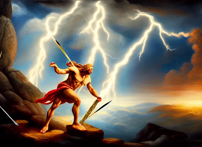 Image similar to soft painting of zeus fighting chronos with a spear of lightning at the top of mount olympus. fantasy style. highly detailed 8 k. intricate. lifelike. soft light. nikon d 8 5 0 5 5 mm. dof. cinematic post - processing.