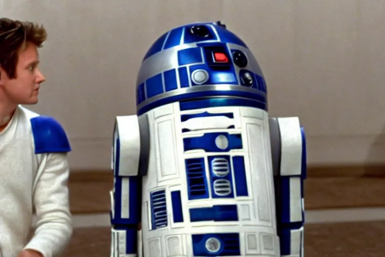 Image similar to a movie still from the 2000 romcom movie when Harry Met R2D2