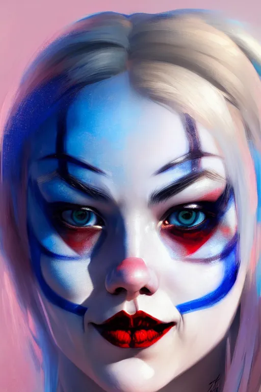 Prompt: ultra detailed half body portrait of harley quinn, blue eyes, sharp bone structure, extremely detailed digital painting, in the style of fenghua zhong and ruan jia and jeremy lipking and peter mohrbacher, mystical colors, rim light, beautiful lighting, 8 k, stunning scene, raytracing, octane, trending on artstation