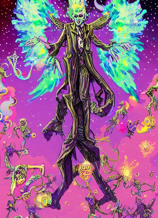 Image similar to a suited zombie angel spirit being, covered with pastel glitter glue slime, fashion model pose, full body maximalist cosmic eldritch character design, early computer graphics by dan mumford, surrounded by stars and jester plushies, realistic light and shadow effects, maximalist background