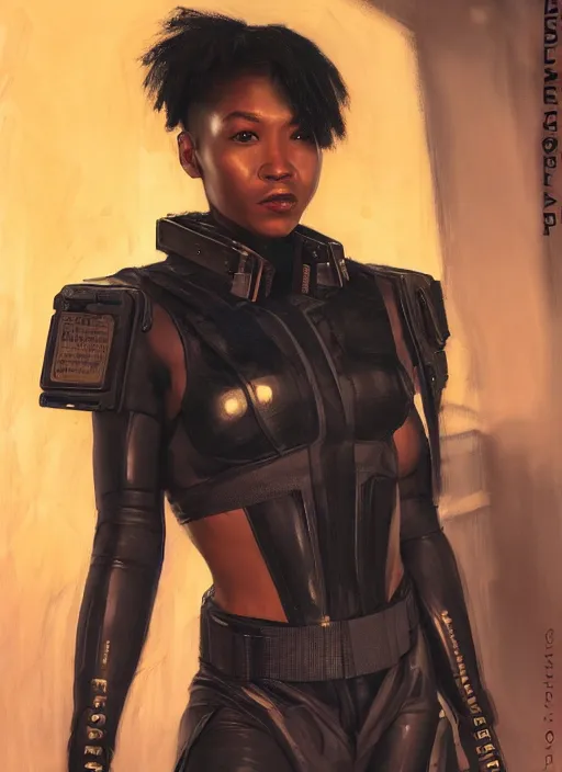 Image similar to black chun li. cyberpunk police trooper in a military vest ( blade runner 2 0 4 9, cyberpunk 2 0 7 7 ). orientalist portrait by john william waterhouse and james gurney and theodore ralli and nasreddine dinet, oil on canvas. cinematic, hyper realism, realistic proportions, dramatic lighting, high detail 4 k