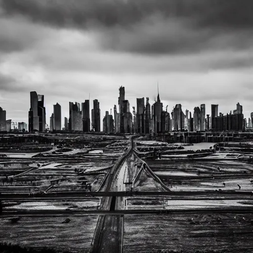 Prompt: Giant megacity looming across the landscape, dystopian, post apocalyptic, XF IQ4, f/22, ISO 200, 1/160s, 8K, RAW, unedited, symmetrical balance, in-frame