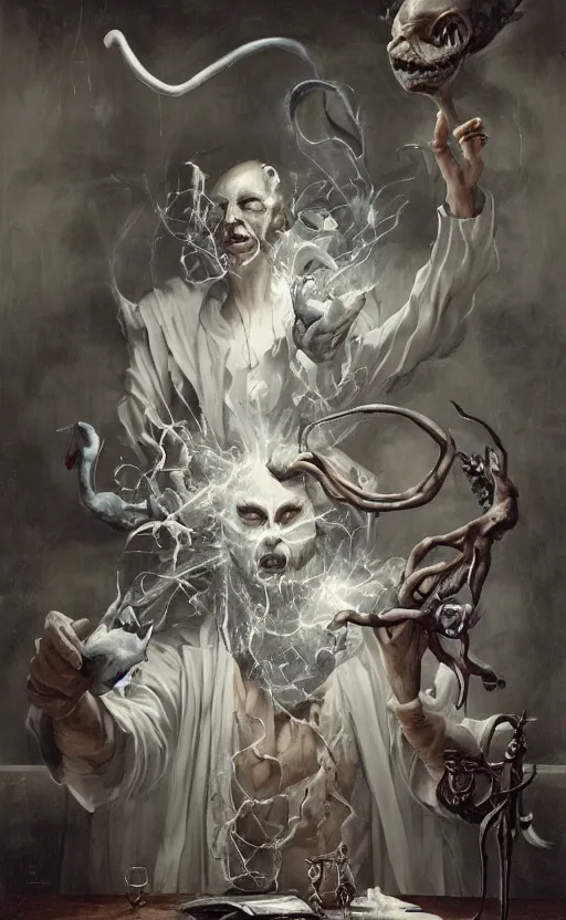 Image similar to a painting of a white robed magician behind a table, right hand points up holding a wand, left hand points down, cup, sword, pentacle, wand, a surrealist painting by marco mazzoni, peter mohrbacher, nychos, cgsociety, neo - figurative, detailed painting, rococo, oil on canvas, biomorphic, lovecraftian