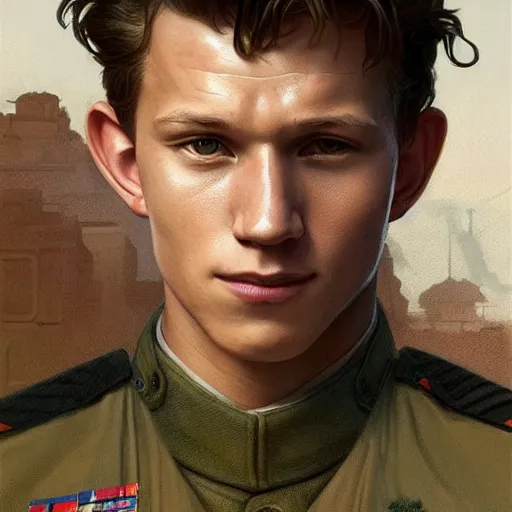 Image similar to Portrait of Tom Holland as a military officer, intricate, headshot, highly detailed, digital painting, artstation, concept art, sharp focus, cinematic lighting, illustration, art by artgerm and greg rutkowski, alphonse mucha, cgsociety