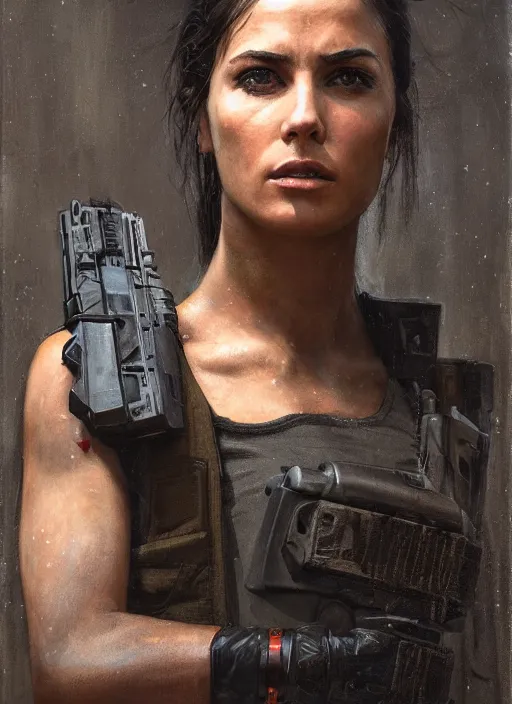 Image similar to 🦸🏼♀🧕🏾 cyberpunk police trooper in a military vest ( blade runner 2 0 4 9, cyberpunk 2 0 7 7 ). orientalist portrait by john william waterhouse and james gurney and theodore ralli and nasreddine dinet, oil on canvas. cinematic, hyper realism, realistic proportions, dramatic lighting, high detail 4 k